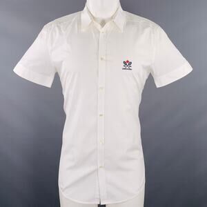 DSQUARED2 Size M White Navy Embroidery Cotton Short Sleeve Shirt